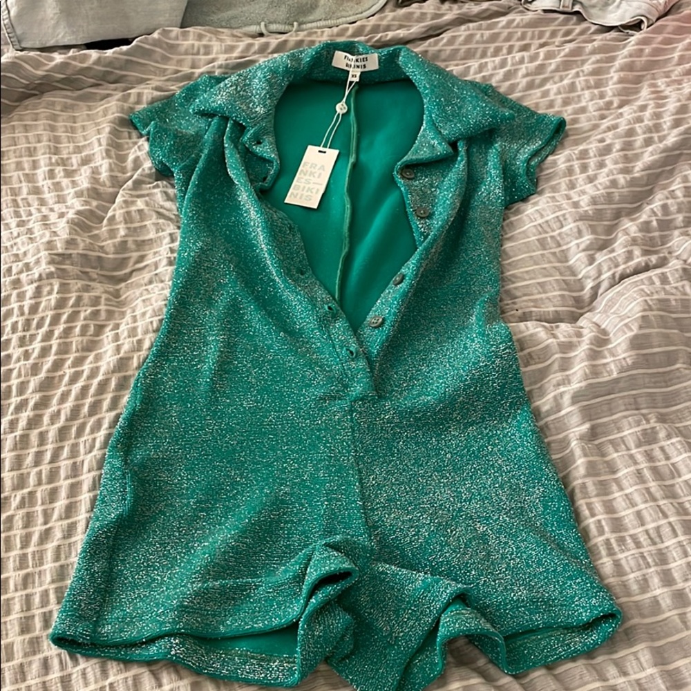 FRANKIES BIKINIS Rose Terry Lurex Romper Green